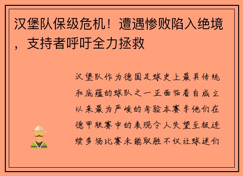 汉堡队保级危机！遭遇惨败陷入绝境，支持者呼吁全力拯救