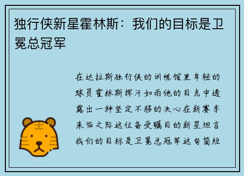 独行侠新星霍林斯：我们的目标是卫冕总冠军